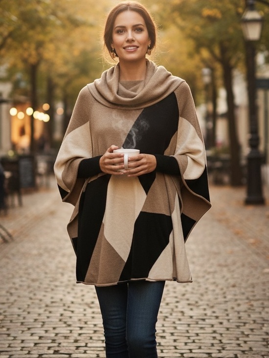 Style & Co. Sweaters - Style & Co. Tan and Cream Knit Poncho